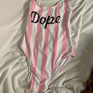 ‘Dope’ Saying one-piece White and Pink Bathing suit size large